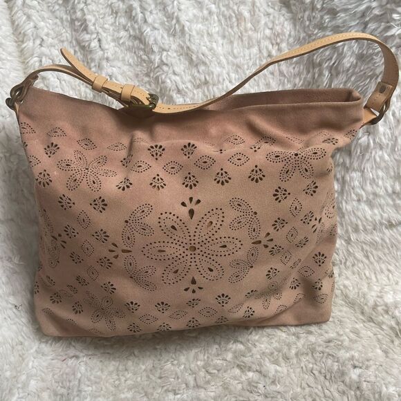Anthropologie Miss Albright laser cut leather suede blush pink large tote bag. main image 13